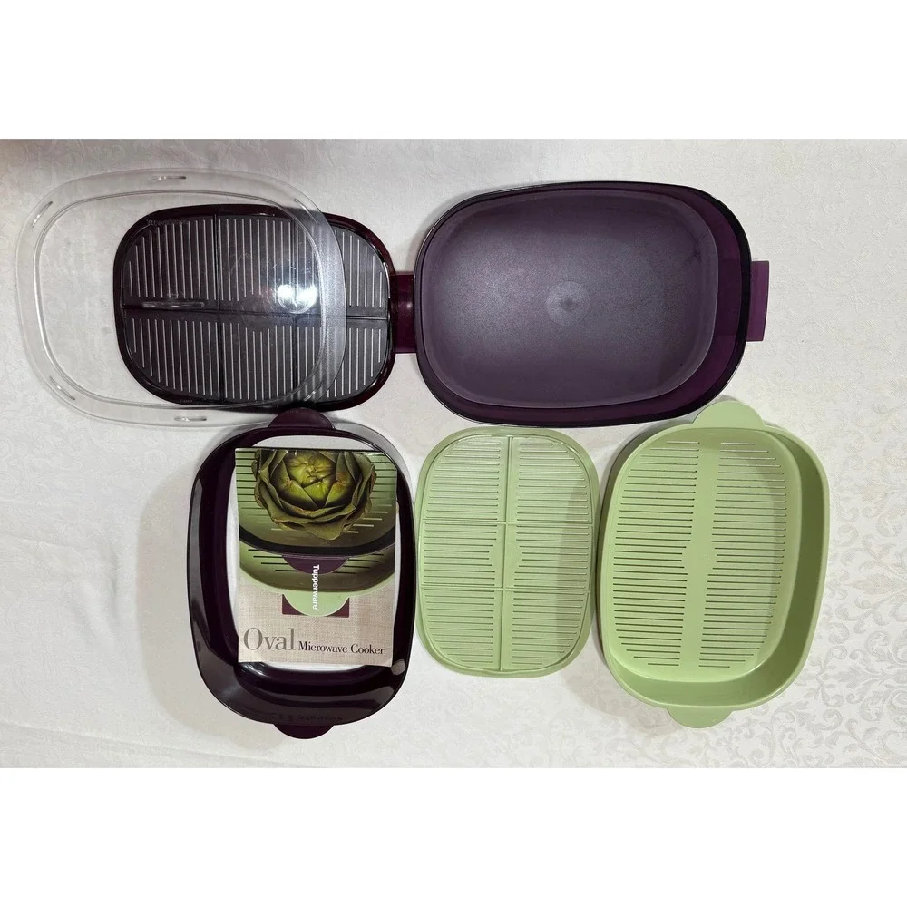 Tupperware Oval Microwave Cooker‎ OS Purple Green Steamer Set with Recipes - Picture 2 of 7